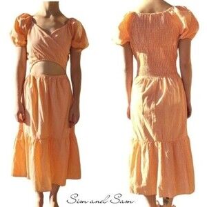 Sim & Sam Midi Dress Size Small S Gingham Check Orange White Puff Sleeve Smocked